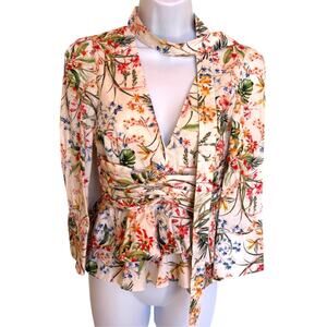 Hellessy Fitted Tie Front Floral Blouse with Ruffled Peplum Plunging V Neck s 2